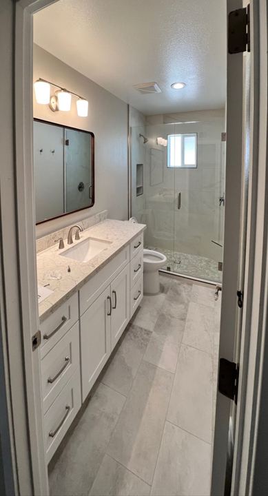 Vanity and walk-in shower