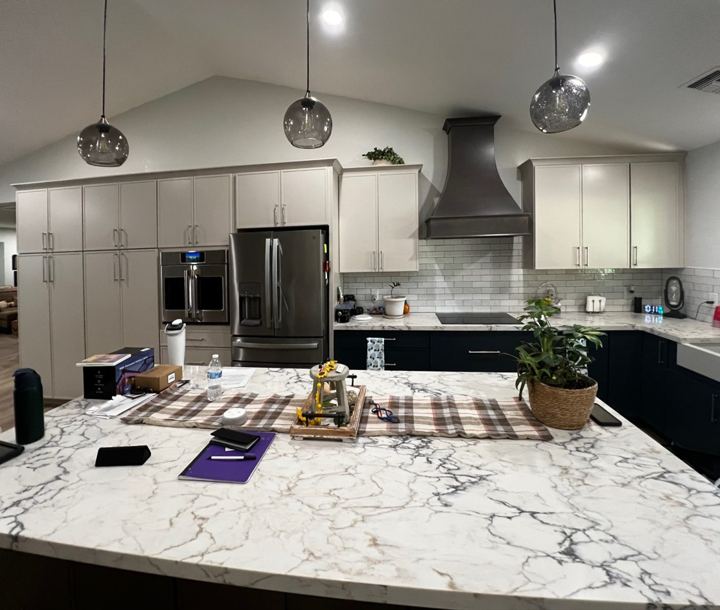Marble-look island and range hood