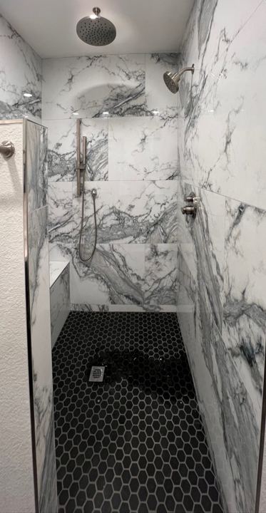 Marble-look walk-in shower