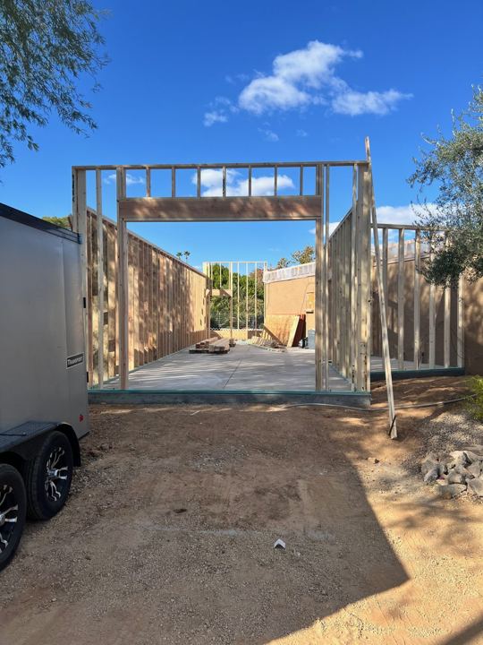 Walls framed with the garage door opening