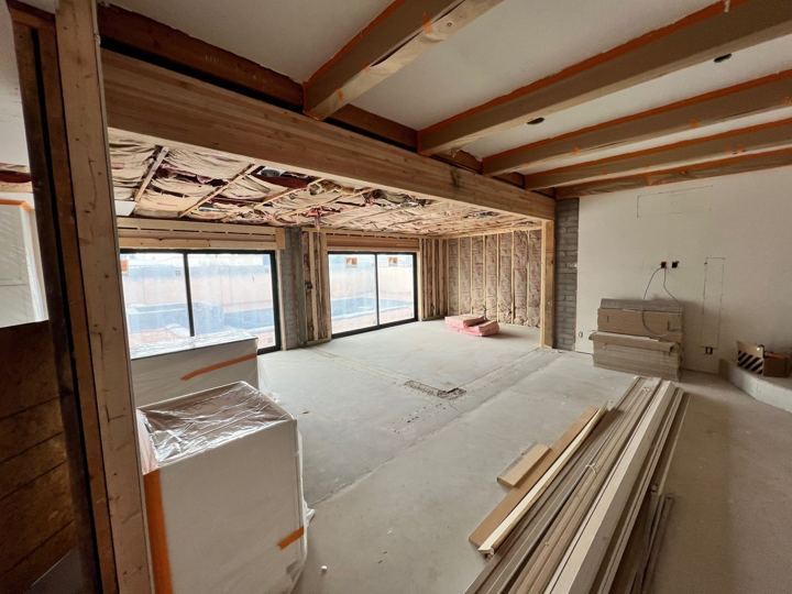 Drywall up, kitchen cabinets arriving